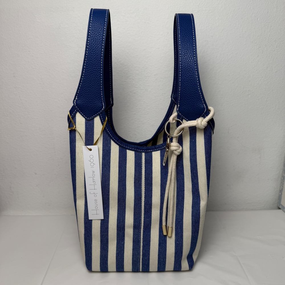 House of Harlow 1960 Blue Cream Striped Canvas Tote Bag with Fish Charm NWT